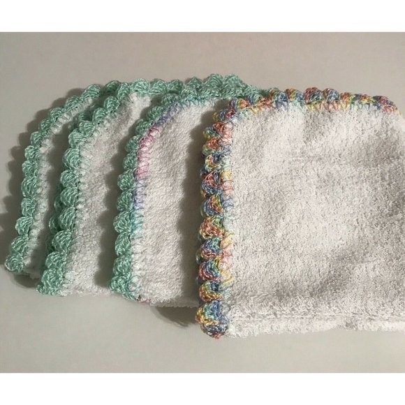 Set Of 4 Handmade White Towels With Aqua Crochet Edge. 11x11 Inches. - Picture 7 of 8